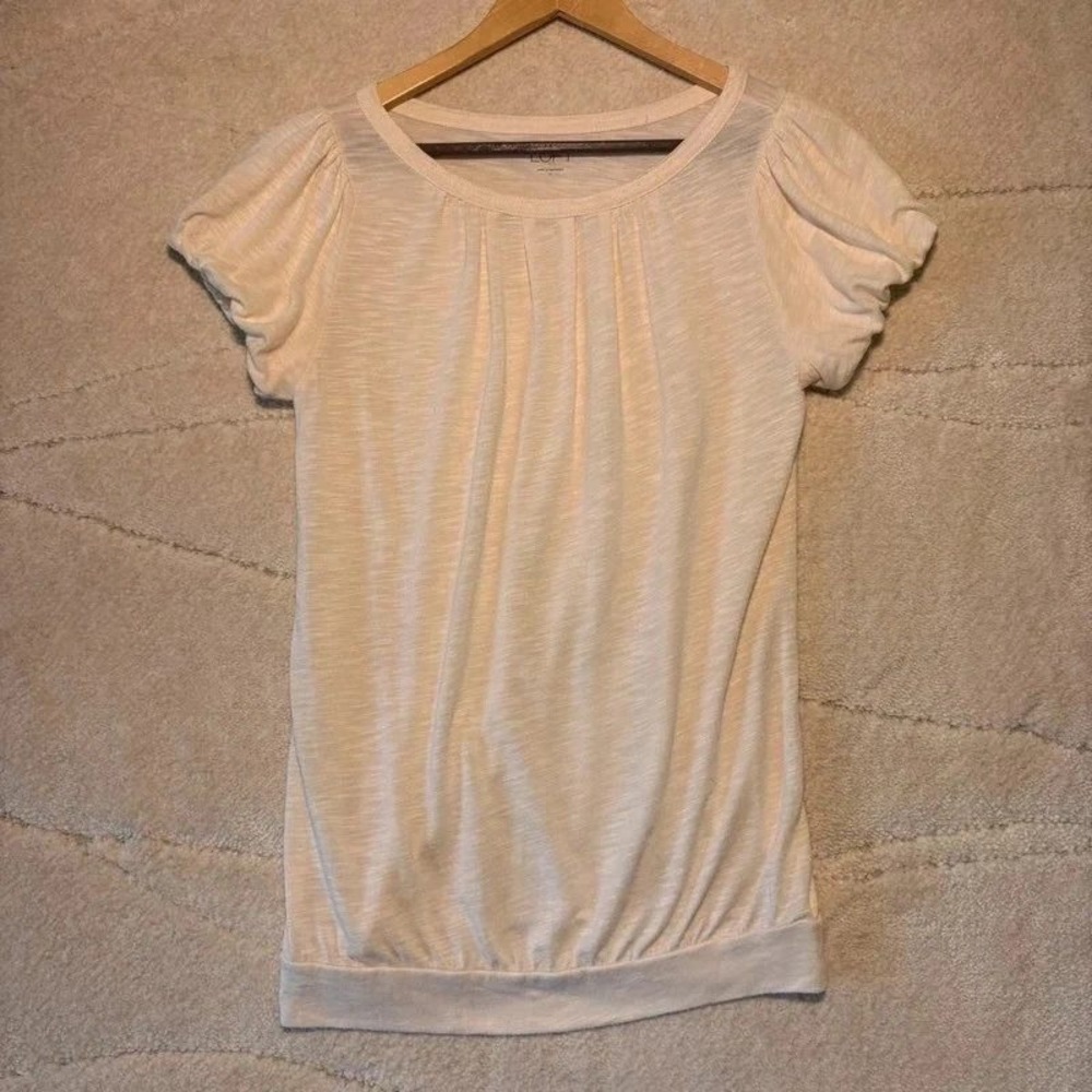 LOFT Women's Small Ivory Pleated Short Sleeve Banded Hem Top*